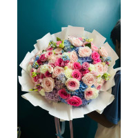 Lavender Opulence”  –  Hydrangeas, Pink Roses, Lisianthuses, Carnations, and Tweedia –  Extra Large Mixed Flower Bouquet